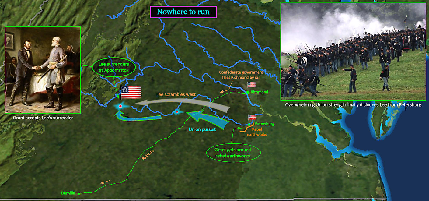 Lee surrenders at Appomattox, 1865 map